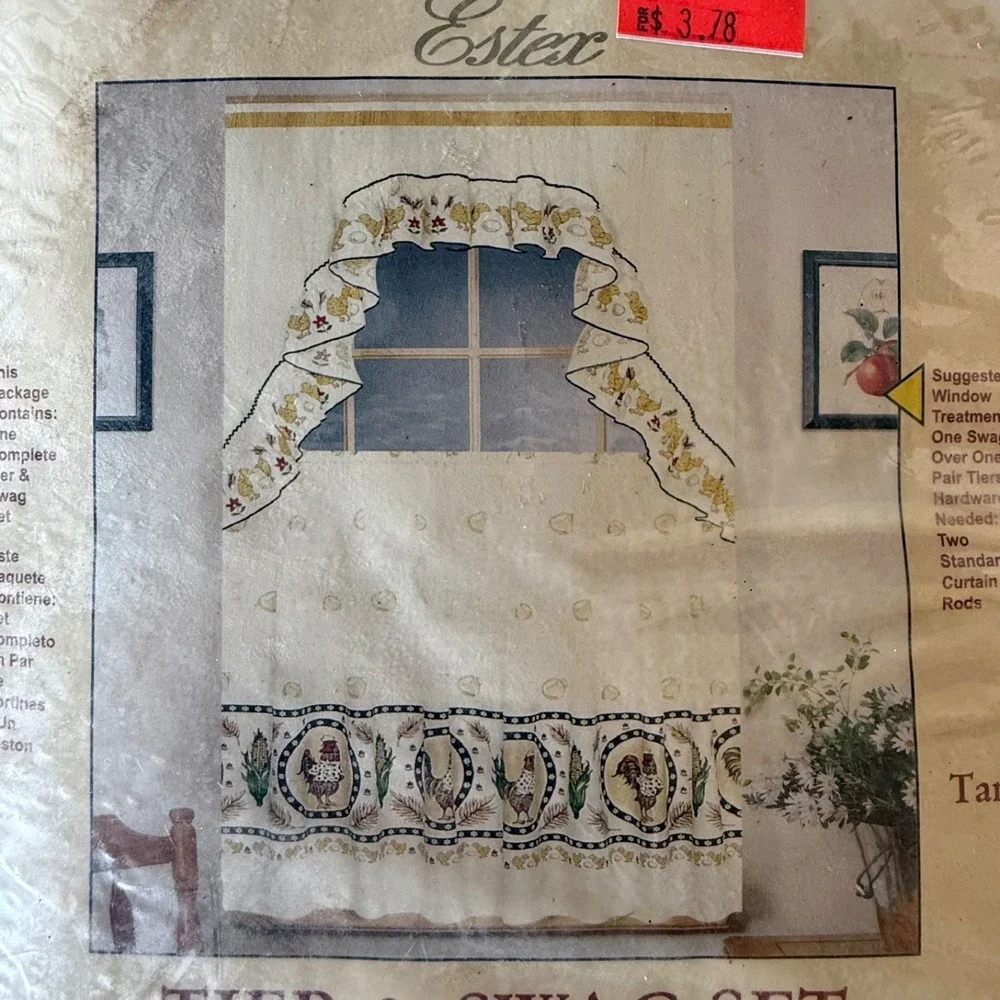 Vintage Farmhouse Rooster‎ Chicken Kitchen Curtain Set 3 Pc Tier & Swag 58x36